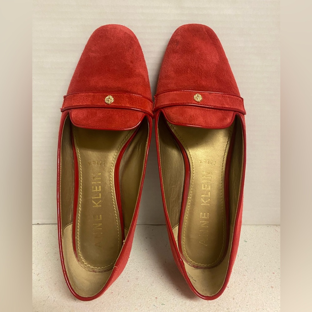 Anne Klein Red Suede Penny Loafers with Gold Accent